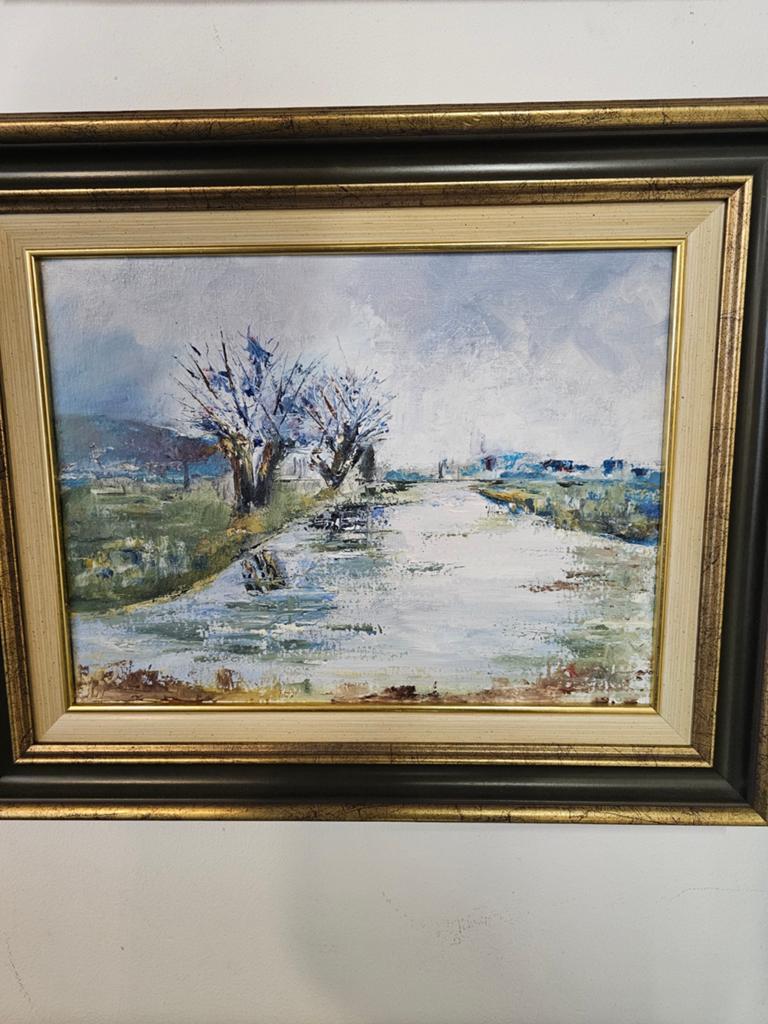 Gesigneerd Schilderij: Landschap met Bomen en Water