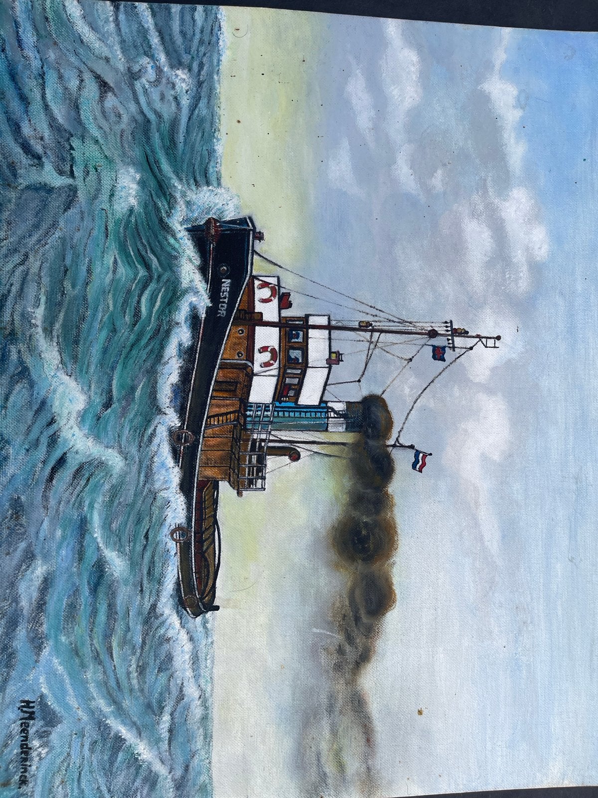 Schilderij sleepboot Nestor van Smit Tak door H. Meenderinck, Realistisch, Ophalen of Verzenden, Gesigneerd, Olieverf