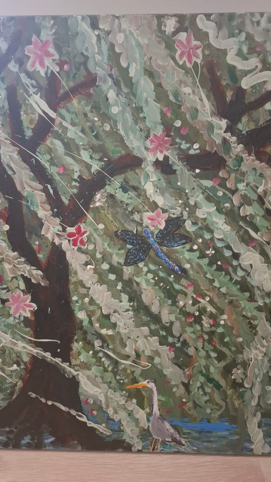 Schilderij: Libelle, Reiger en Bloemen in de Natuur, Acrylverf, Doek, Realistisch, Dieren