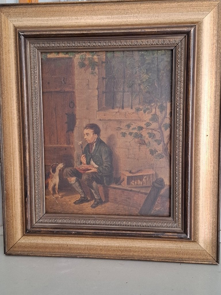 Oude schiilderijtje-  Jongen met hond-, Antiek en Kunst, Kunst | Schilderijen | Klassiek, Paneel, Portret of Personen, Overige technieken