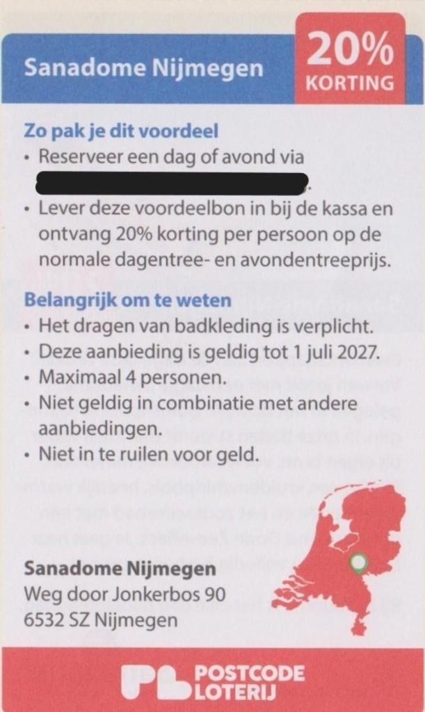 Sanadome Nijmegen 20% korting tot 4 personen. Postcodeloter, Tickets en Kaartjes, Kortingen en Cadeaubonnen, Drie personen of meer