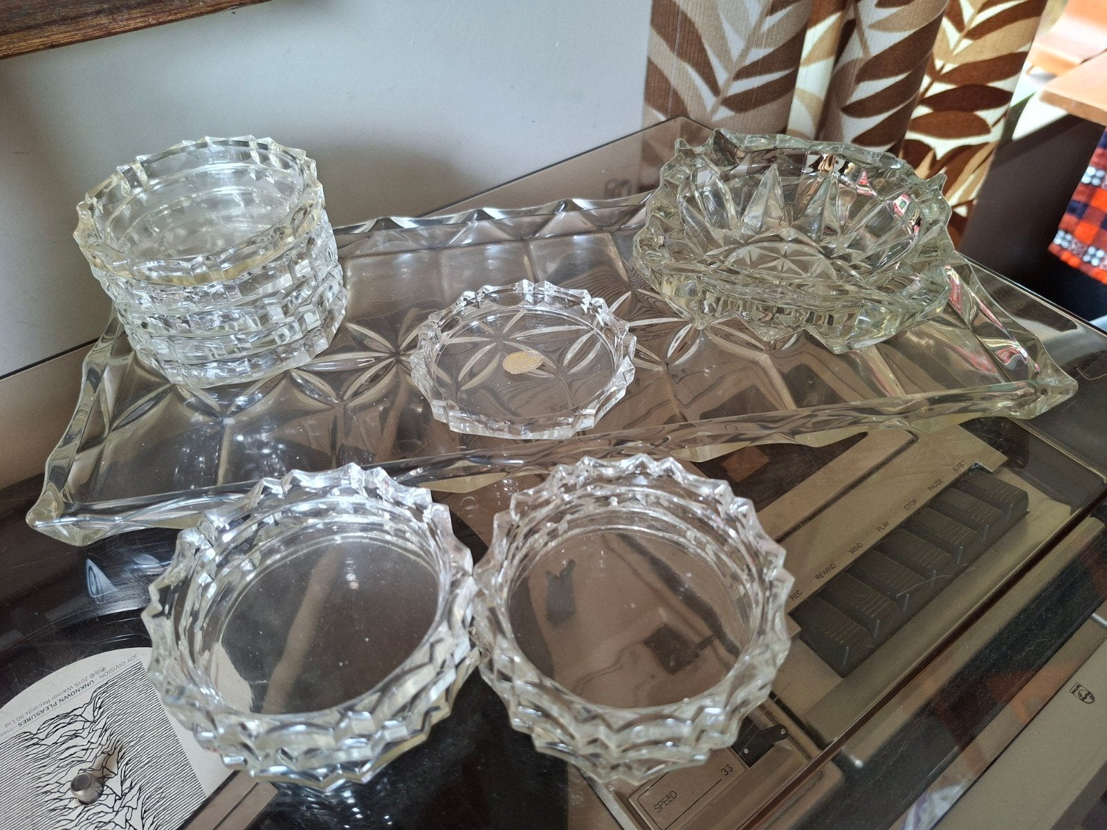Vintage glazen plateau, onderzetters en asbak, Ophalen of Verzenden