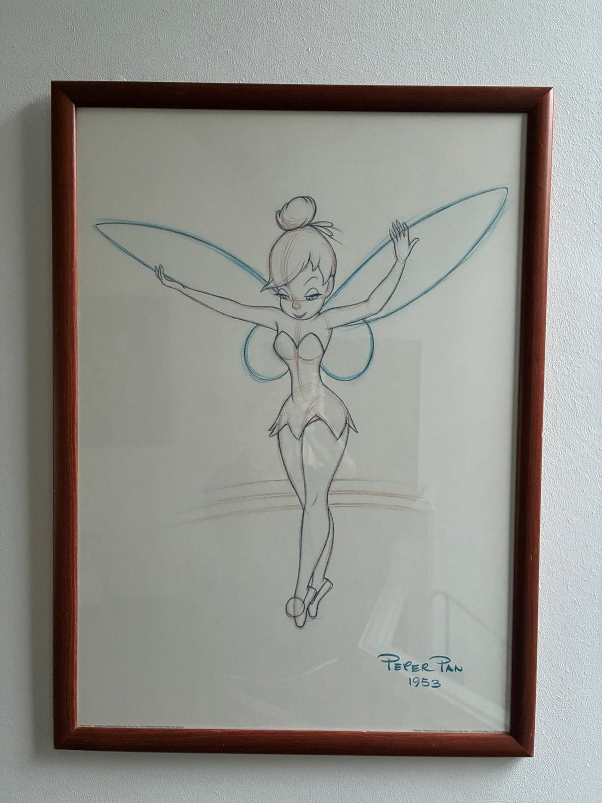 Walt Disney Sketch/Print Tinkerbell Peter Pan 1953, Antiek en Kunst, Ophalen, Reproductie, Lithografie, Ingelijst