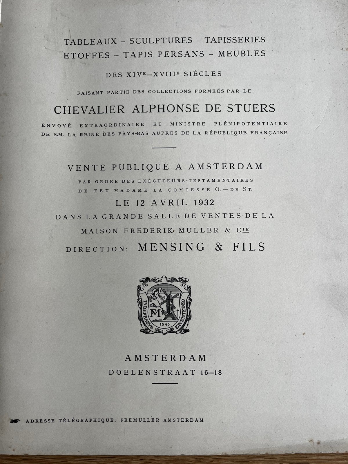 1932 Catalogus veiling coll. de Stuers MENSING Muller A'DAM, Ophalen of Verzenden