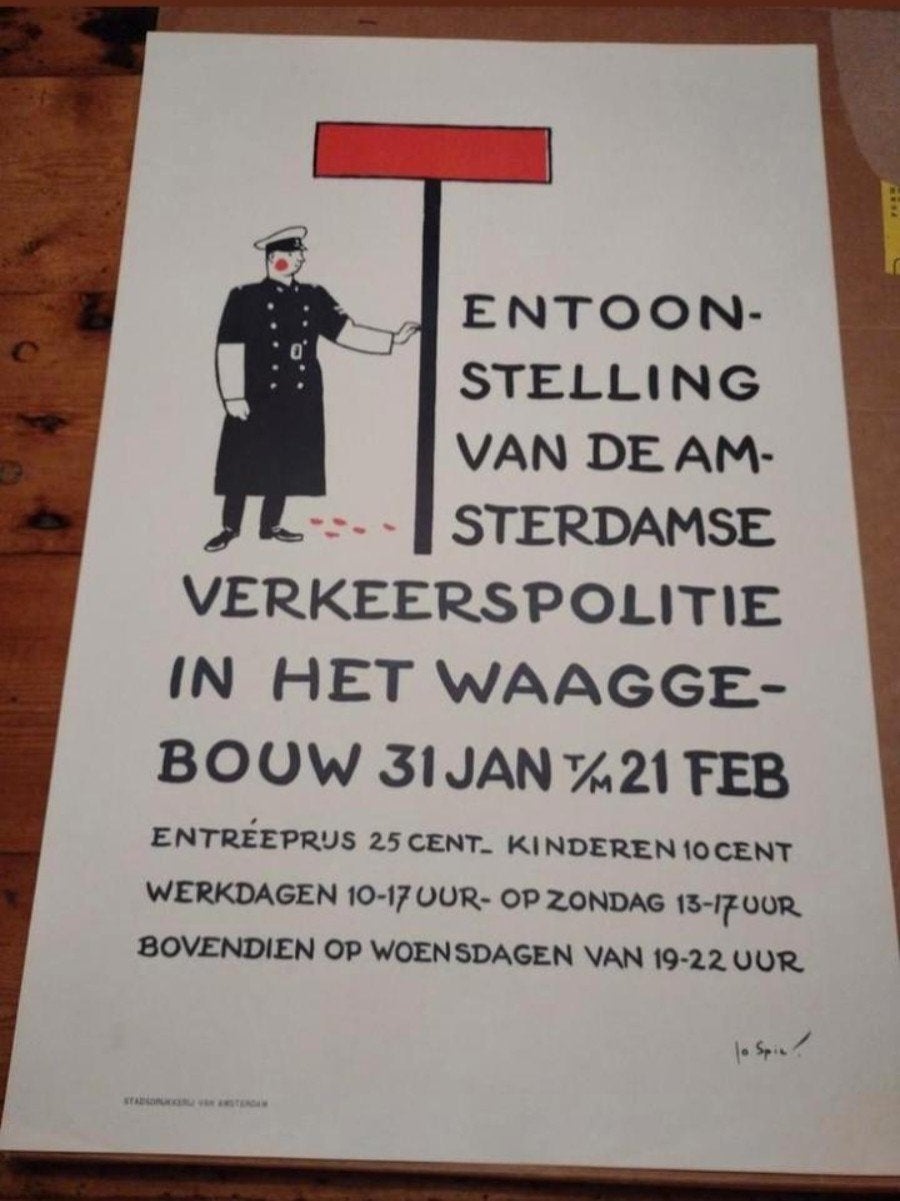 Vintage tentoonstellingsposter Amsterdamse Verkeerspolitie, Rechthoekig Staand, Ophalen of Verzenden, Zo goed als nieuw, A1 t/m A3