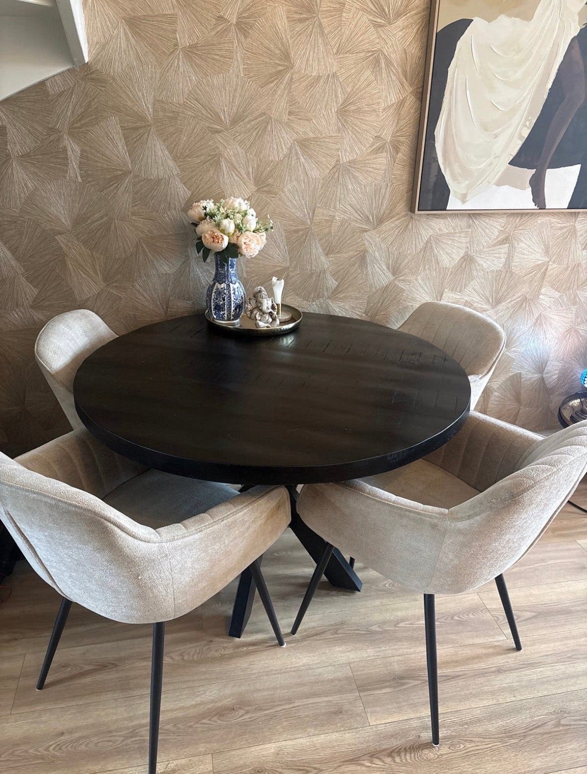 Ronde houten tafel met stalen poot - Ø 110 cm, Ophalen, 100 tot 150 cm, Rond, Zo goed als nieuw