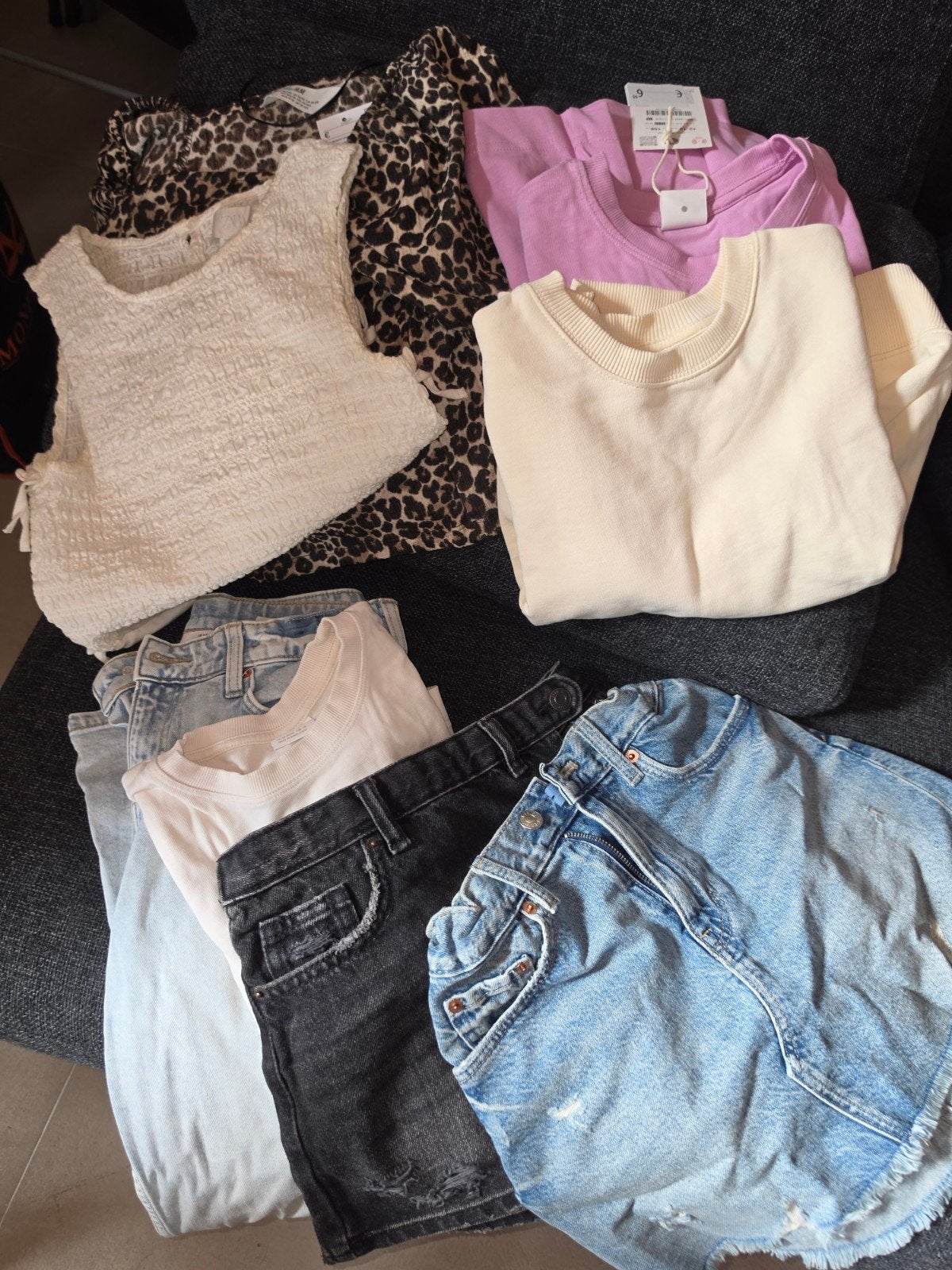 Zara H&M  tops, shorts en lichtblauwe spijkerbroek (maat 146, Blauw, Zara, Overige jeansmaten, Ophalen of Verzenden