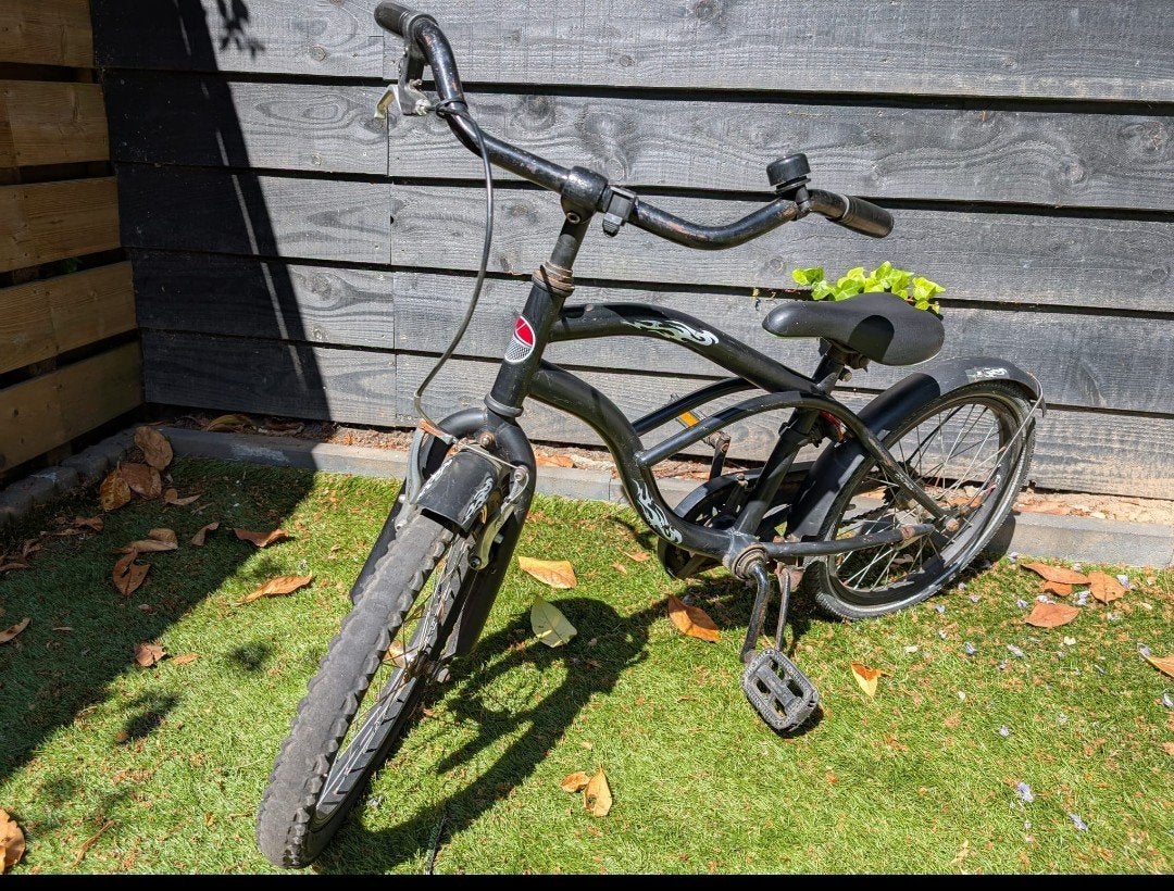 Stoere zwarte kinderfiets met brede banden, Terugtraprem, Gebruikt, Minder dan 49 cm, Ophalen