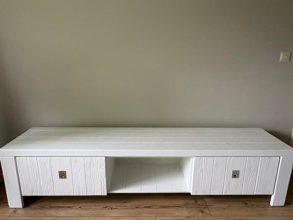 Tv kast wit teak hout, 150 tot 200 cm, Teakhout, Ophalen of Verzenden, Zo goed als nieuw