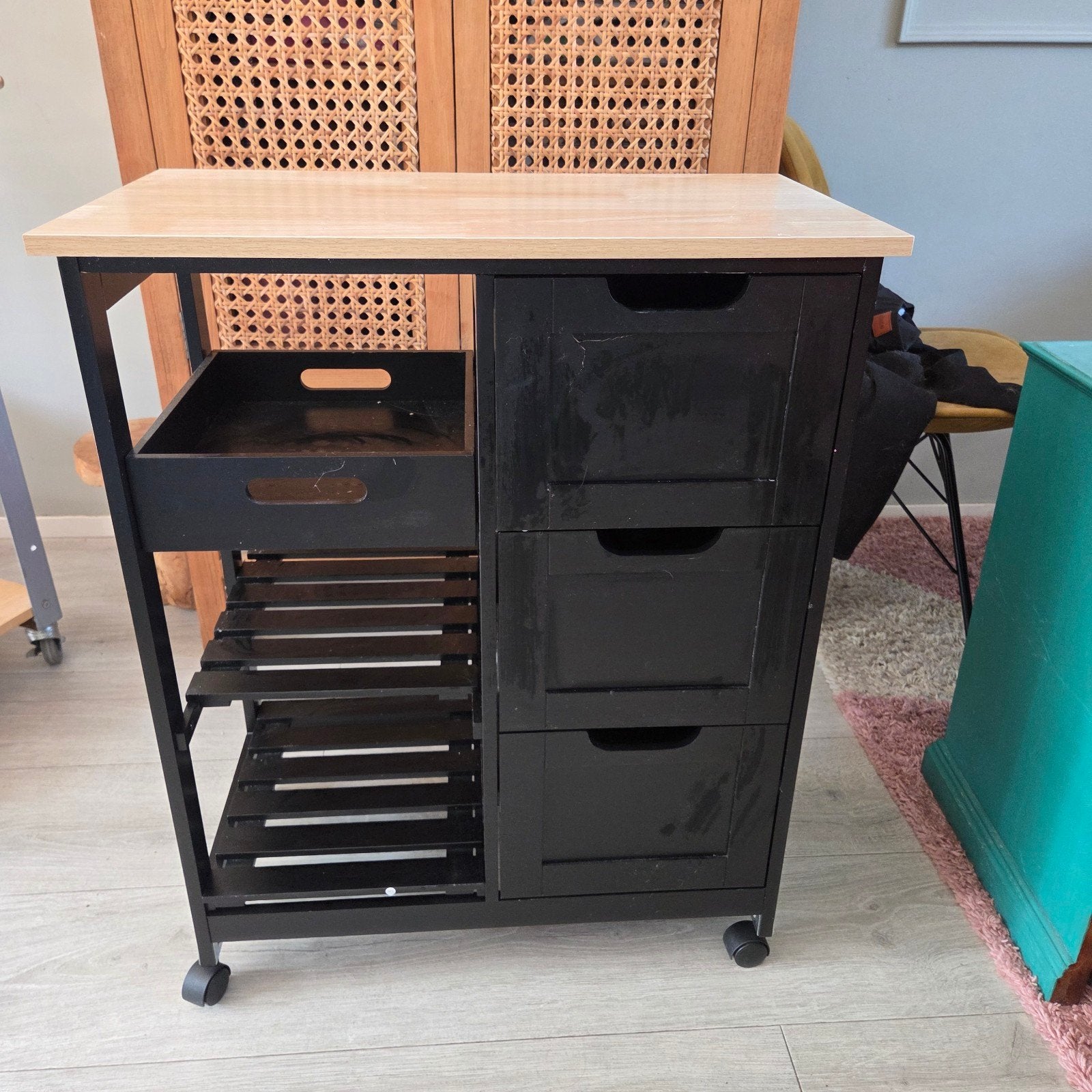 Keukentrolley Zwart met Houten Blad - SoBuy, Huis en Inrichting, Ophalen, Gebruikt, Hout, Keukentrolley