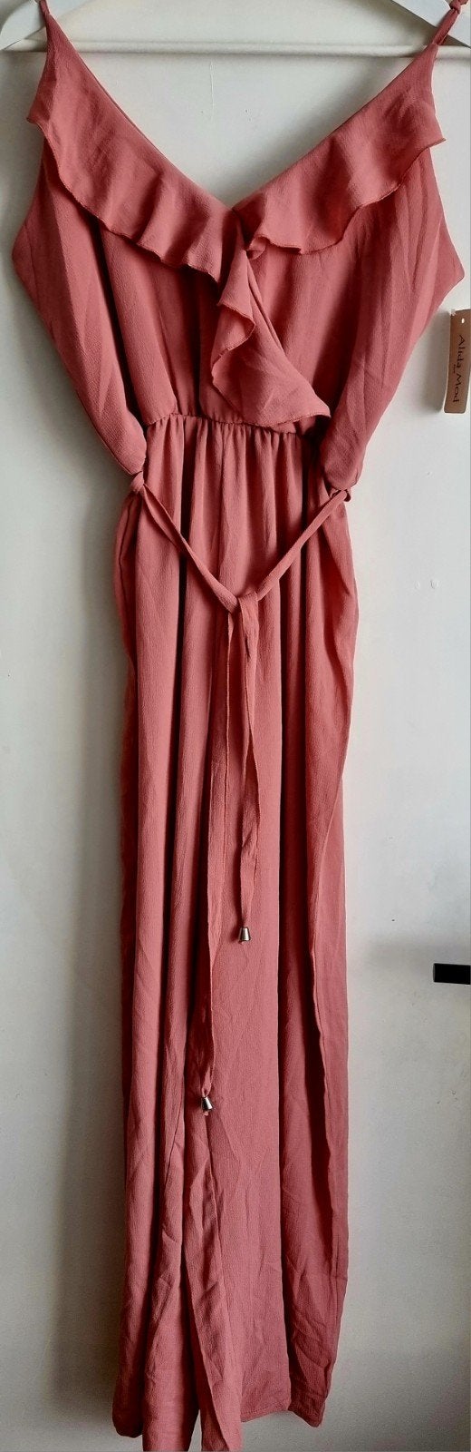 Roze jumpsuit met ruches en strikceintuur nieuw one size, Ophalen of Verzenden, Nieuw, Maat 38/40 (M), Roze