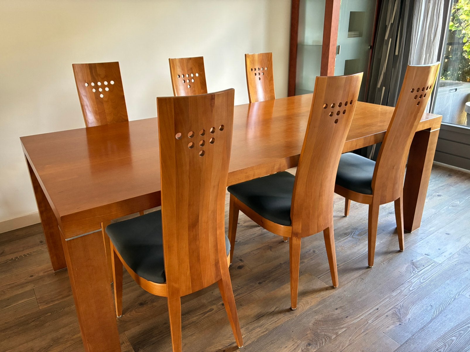 Tafel met 6 stoelen, afmeting 200x100 cm, kersenhout., Ophalen, Gebruikt, 4 tot 6 stoelen