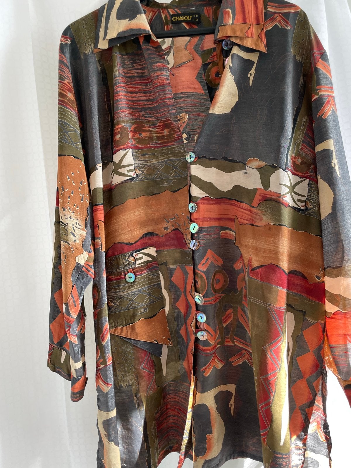 Vintage Chalou blouse met abstracte print danes grote maat, Ophalen of Verzenden, Zo goed als nieuw, Maat 42/44 (L), Meerkleurig