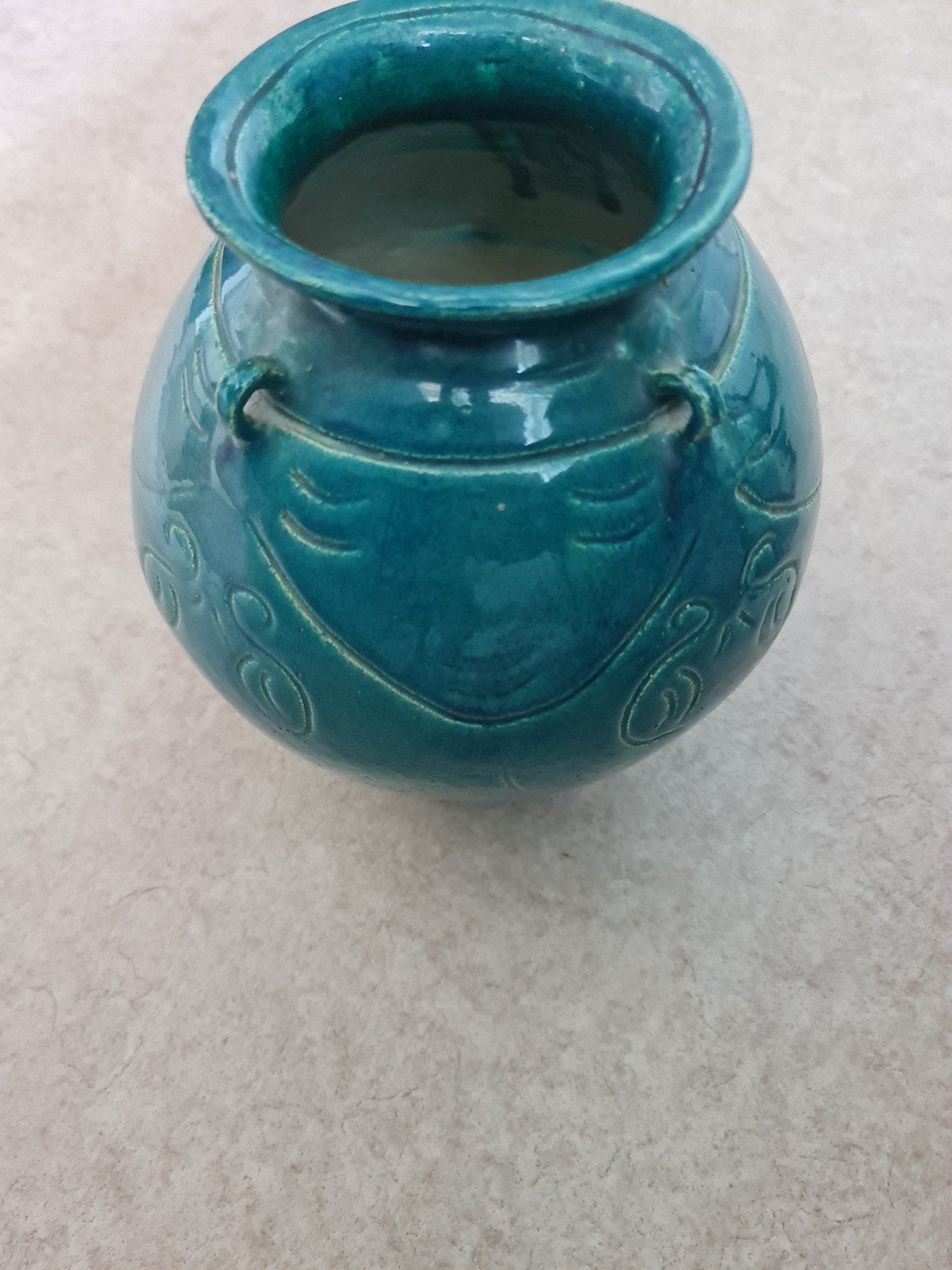 Vintage turquoise keramische pot met handvatten, 'MAR '89', Ophalen of Verzenden