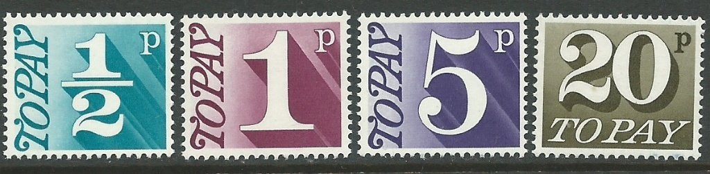 ENGELAND 1970-71 ½p. + 1p. + 5p. + 20p. Postage Dues,OCP-PVA, Verzenden, Postfris