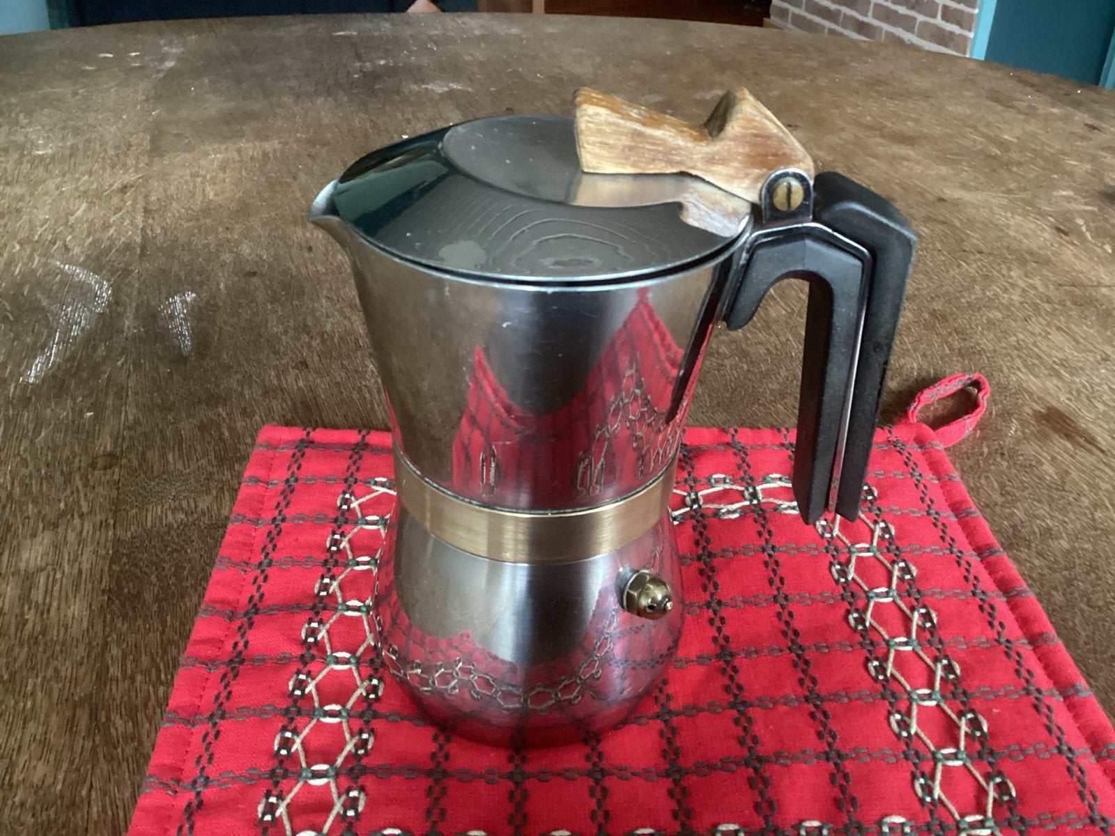 Vintage Italiaanse Percolator - RVS met Koperen Rand, Overige modellen, 10 kopjes of meer, Gemalen koffie, Ophalen of Verzenden