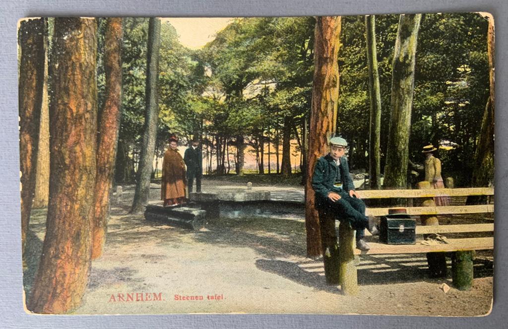 Oude kaart Arnhem, Steenen tafel, Gelopen 1910, Verzenden, Voor 1920, Gelopen, Gelderland