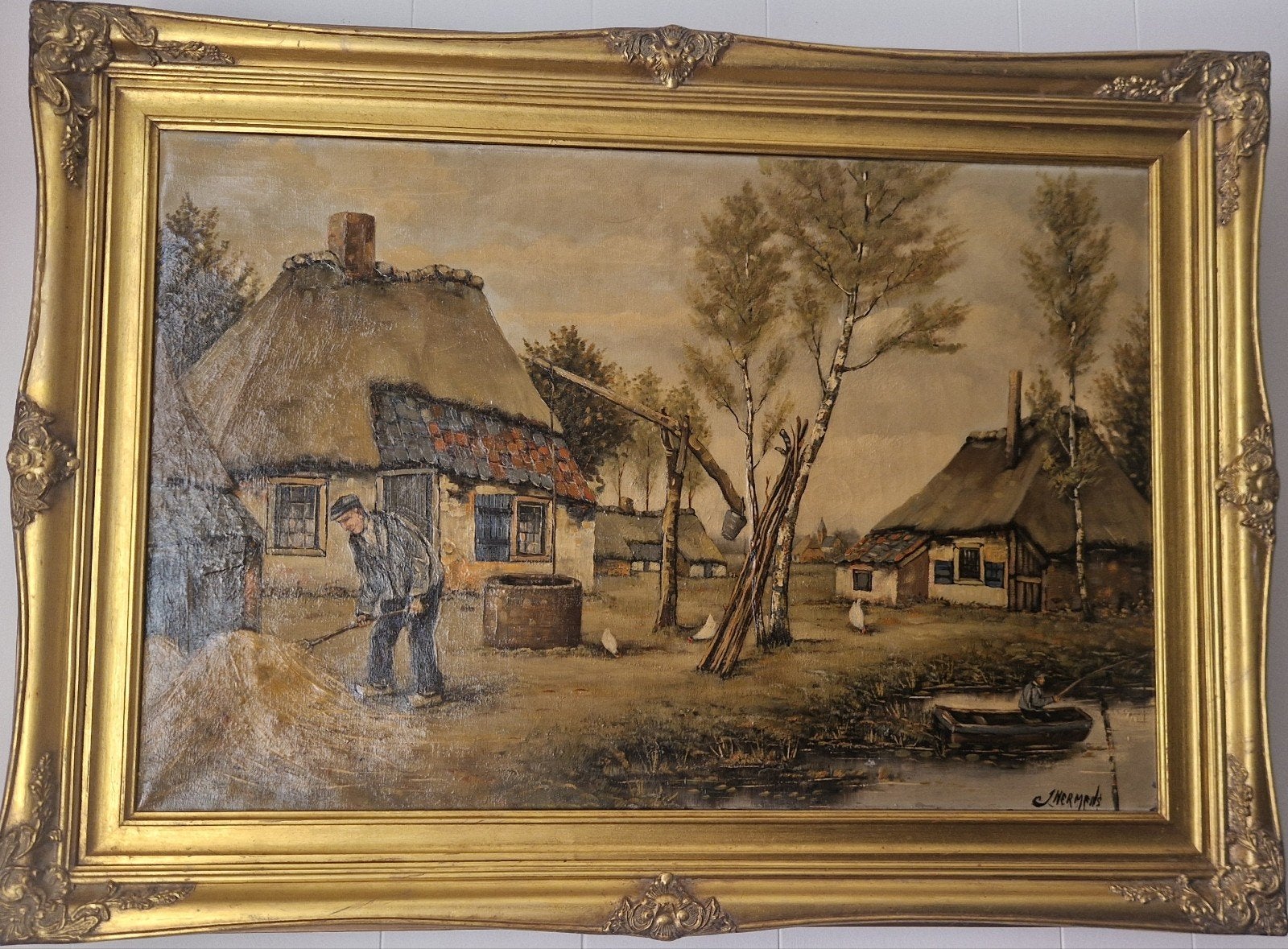 Oud Hollands landschap schilderij met boerderijen, Ophalen, Doek, Oud hollands, Landschap