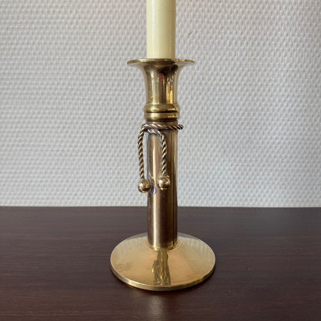 Vintage Messing Kandelaar met Geknoopt Touw Decor, Ophalen of Verzenden, Koper of Brons