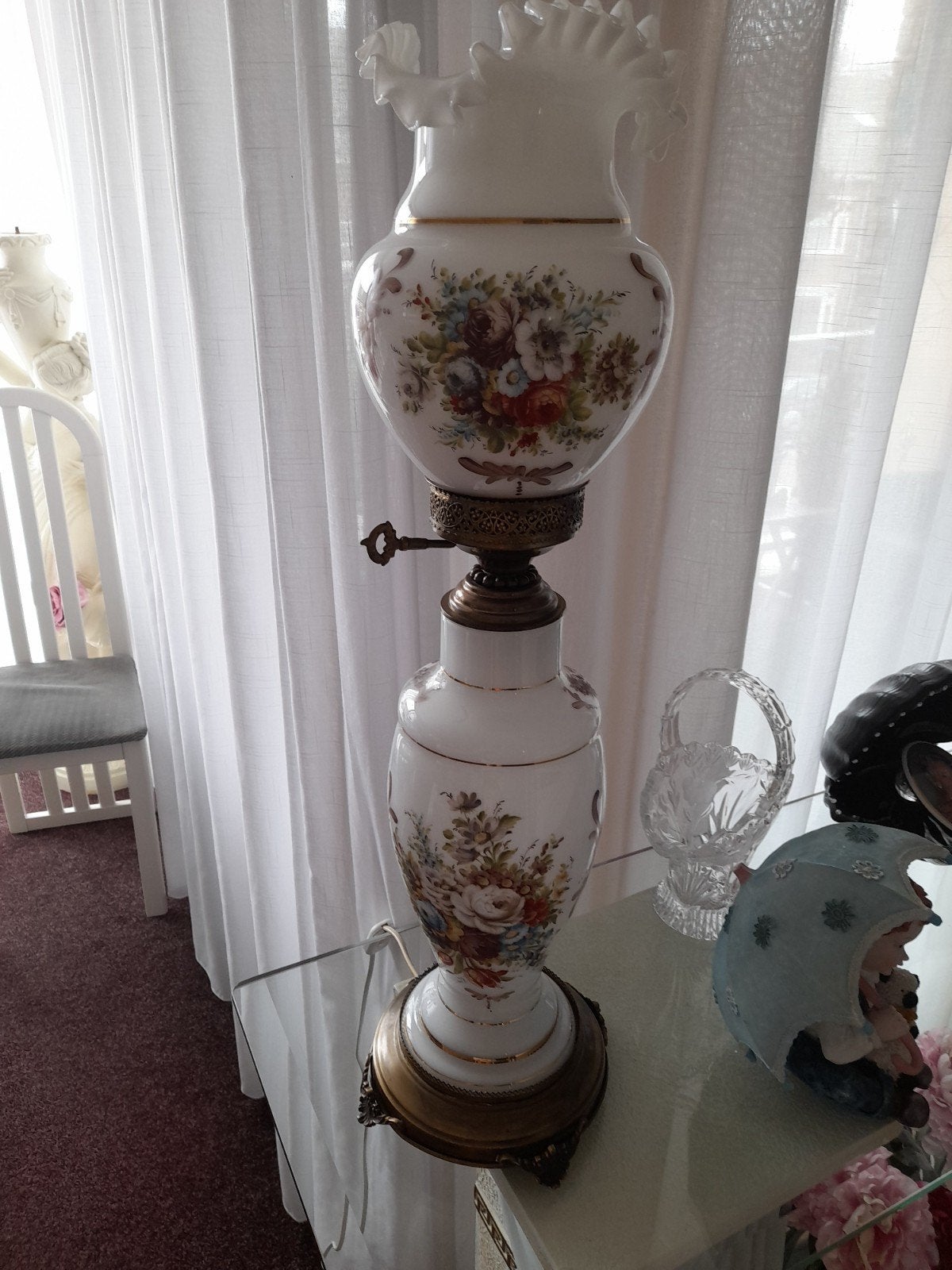 Antieke olielamp met bloemmotief, Antiek en Kunst, Ophalen