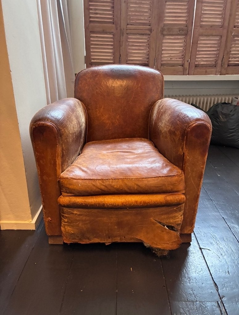 Oude leren fauteuil, Ophalen, Gebruikt, 50 tot 75 cm, Leer