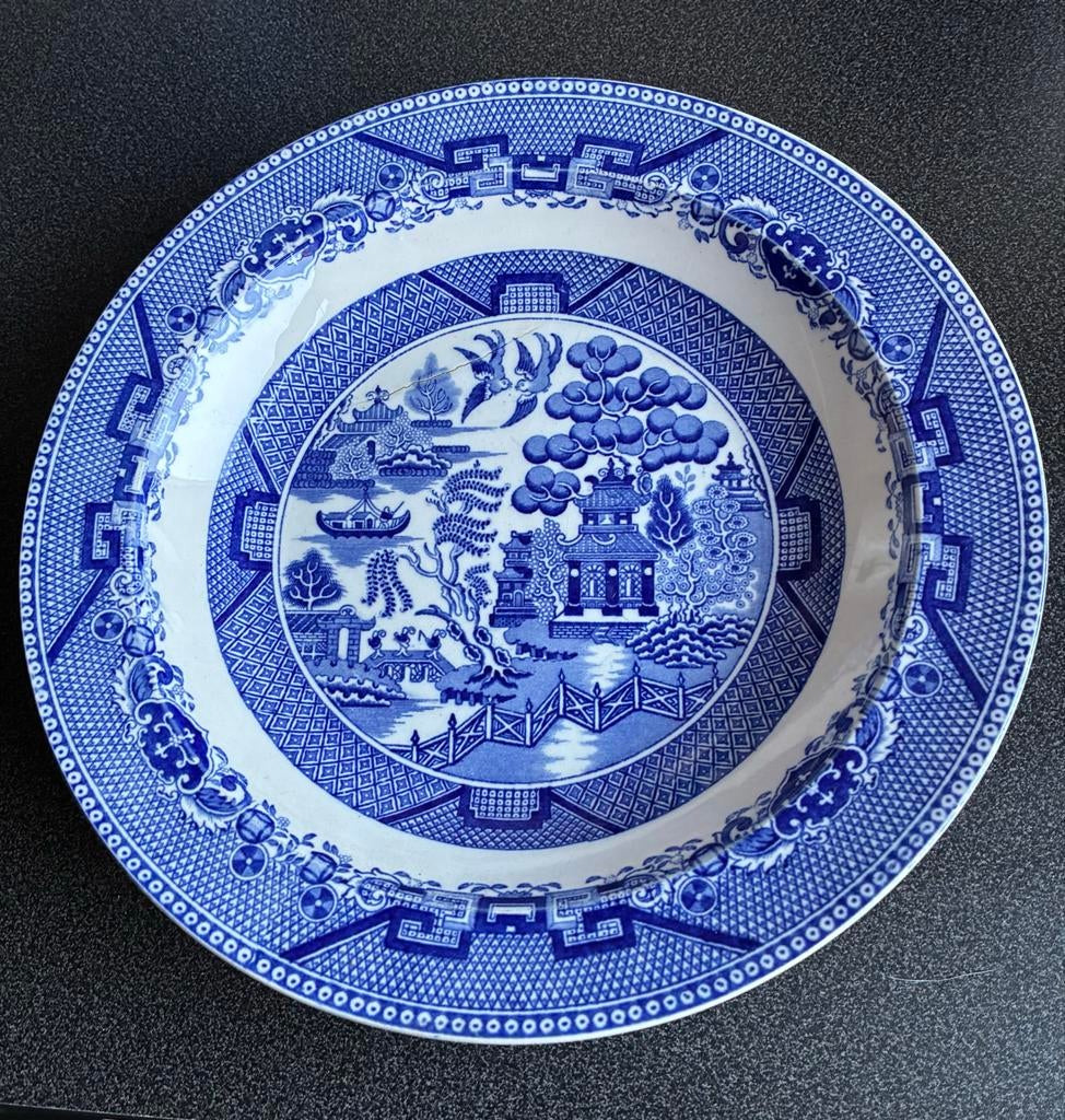 Antiek Willow Ironstone China bord - Blauw/Wit, Antiek en Kunst, Ophalen of Verzenden