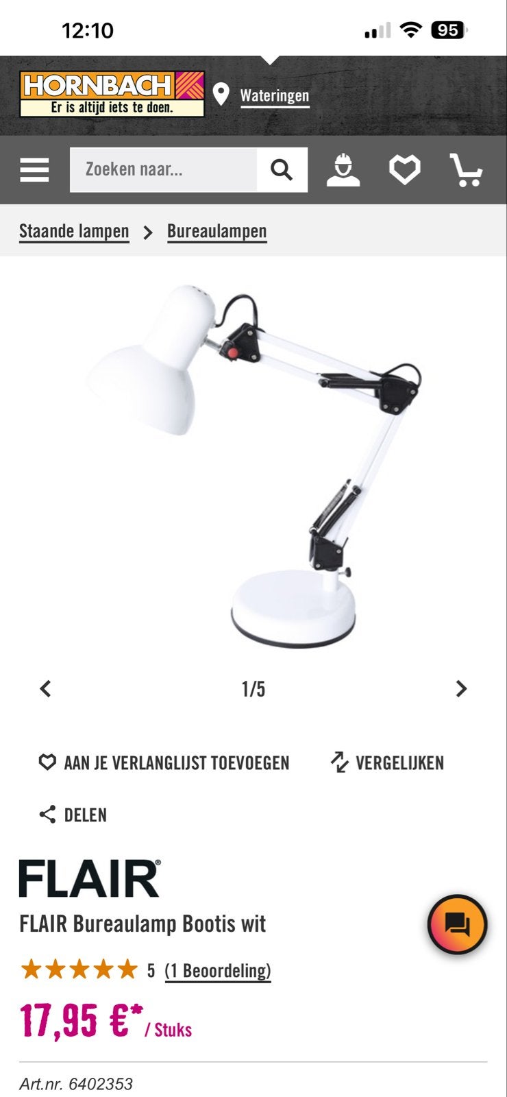 Witte bureaulamp - Flair Bootis van hornbach, Overige merken, Wit, Ophalen of Verzenden, Zo goed als nieuw