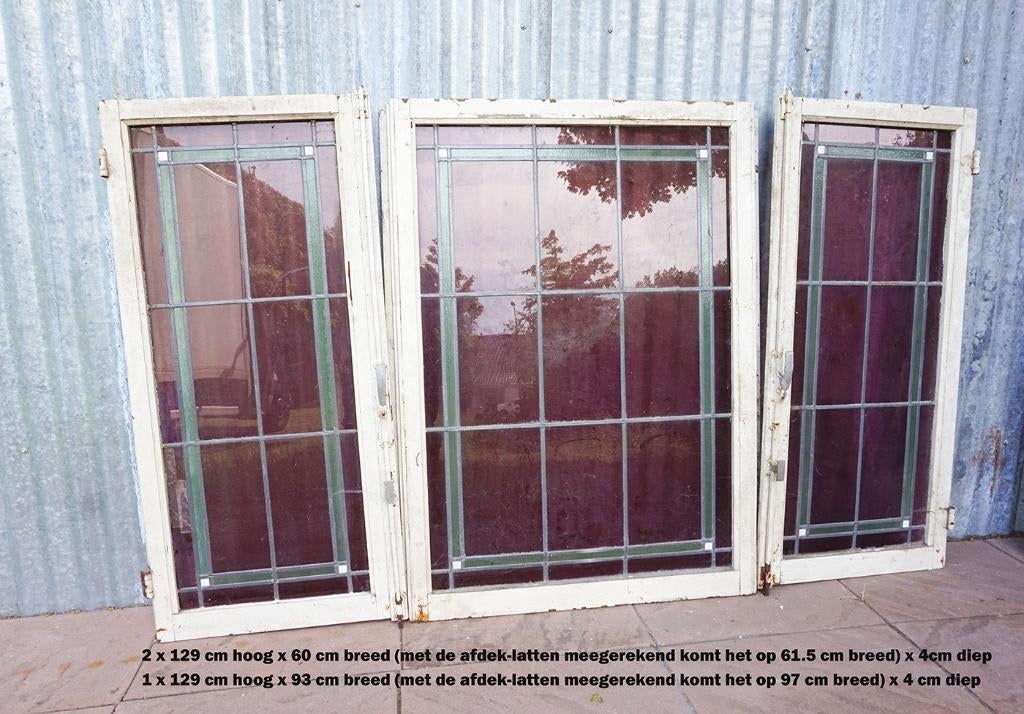Set van 3 glas in lood ramen met paars en groen glas, Doe-het-zelf en Verbouw, Glas en Ramen, Ophalen, Gebruikt, Glas in lood