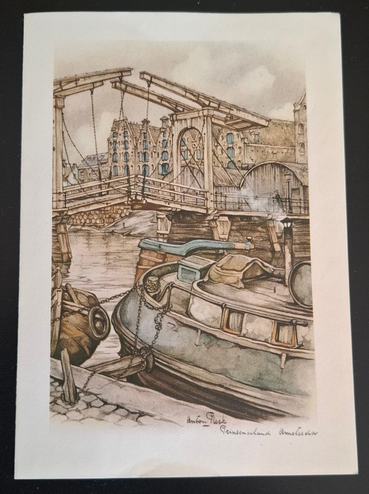 Anton Pieck Prent: Amsterdam met handtekening Anton Pieck, Ophalen of Verzenden, Gebruikt