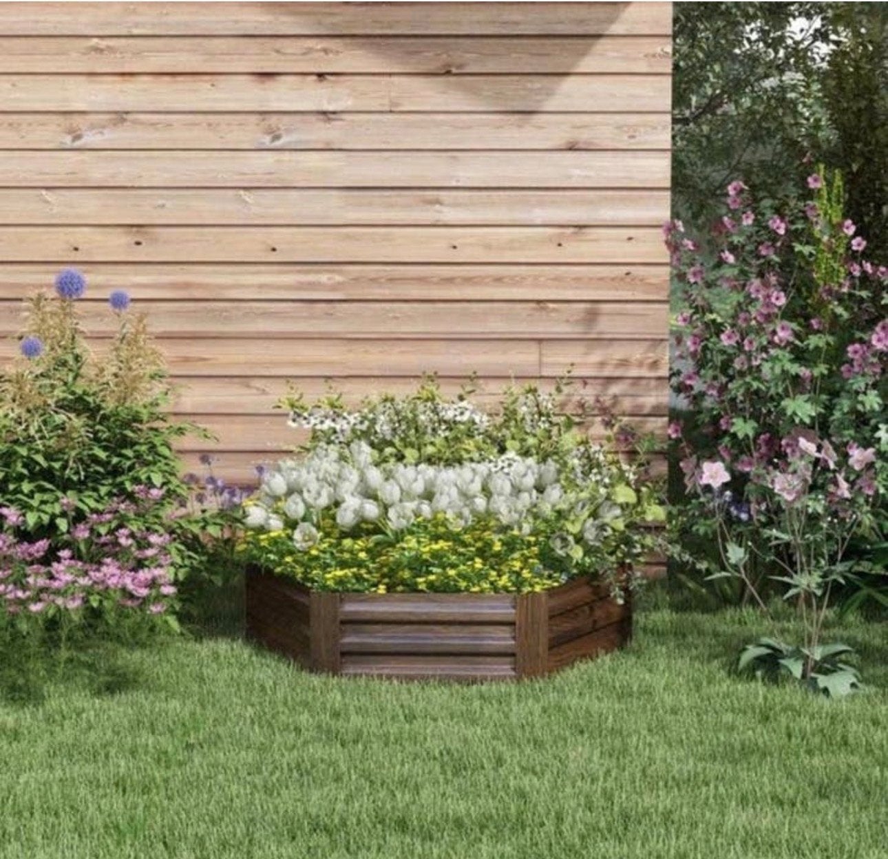 Verhoogde Bloembak Zeshoekig Hout-look 30cm Hoog NIEUW, Tuin en Terras, Bloembakken en Plantenbakken, Minder dan 30 cm, 100 cm of meer