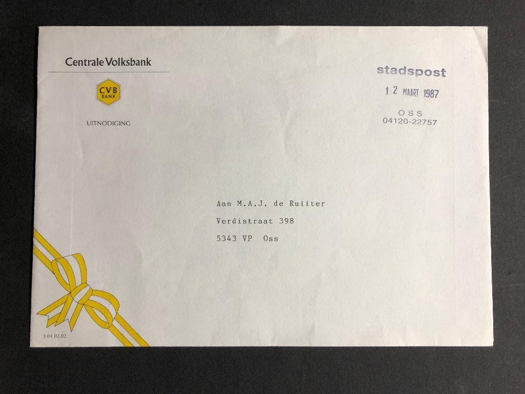 Envelop Centrale Volksbank uit 1987 Stadspost Oss, Postzegels en Munten, Brieven en Enveloppen | Nederland, Ophalen of Verzenden