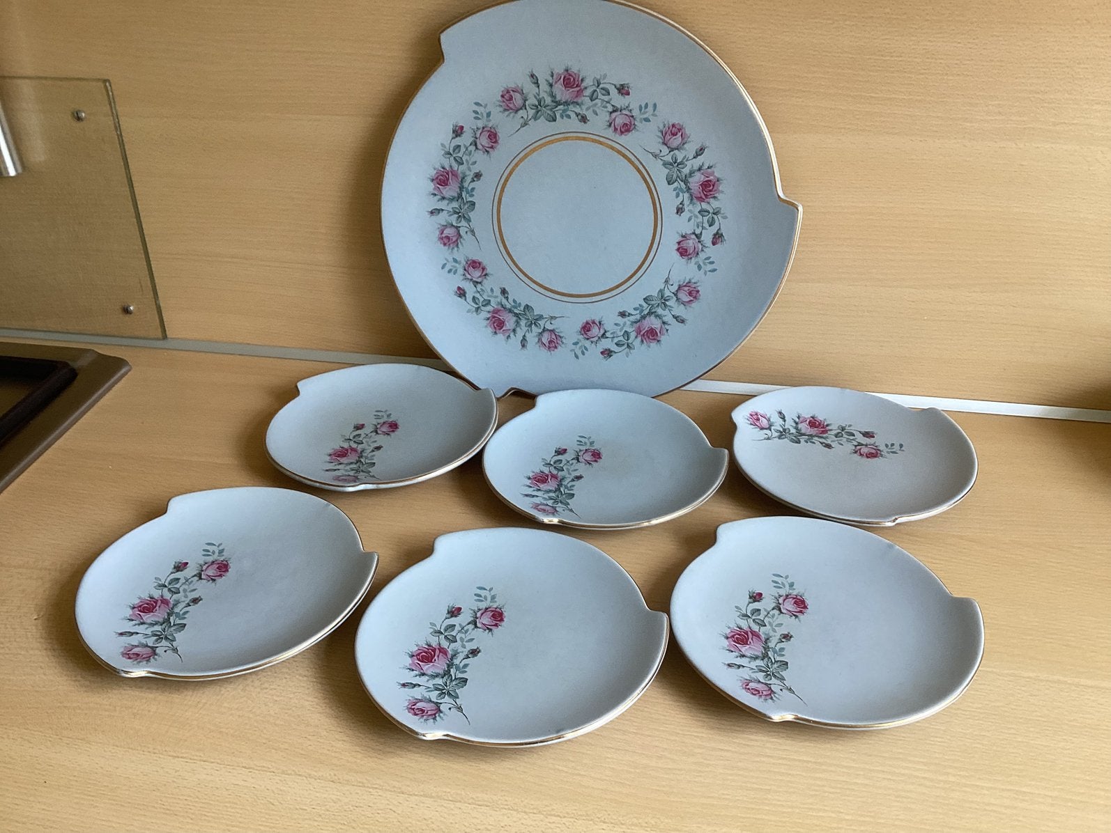 Flora keramiek Gouda Holland Rosita N 532 gebakschaal+6 bord, Antiek en Kunst, Ophalen of Verzenden