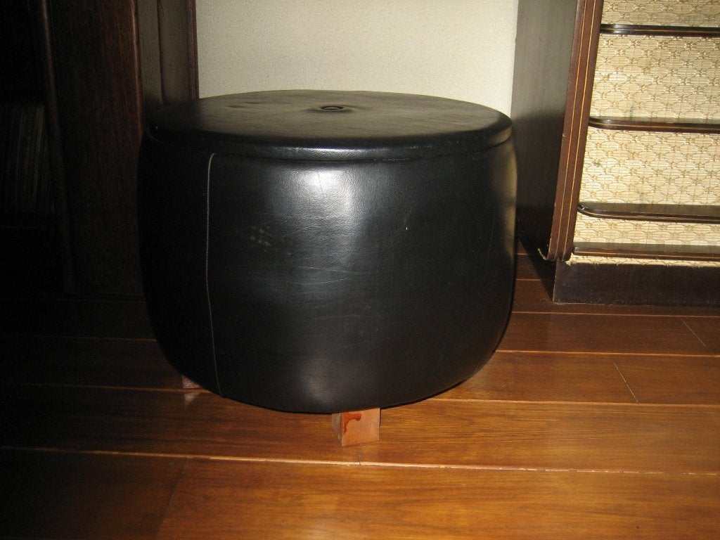 60s vintage naai/brei poef zwart leder, Ophalen of Verzenden