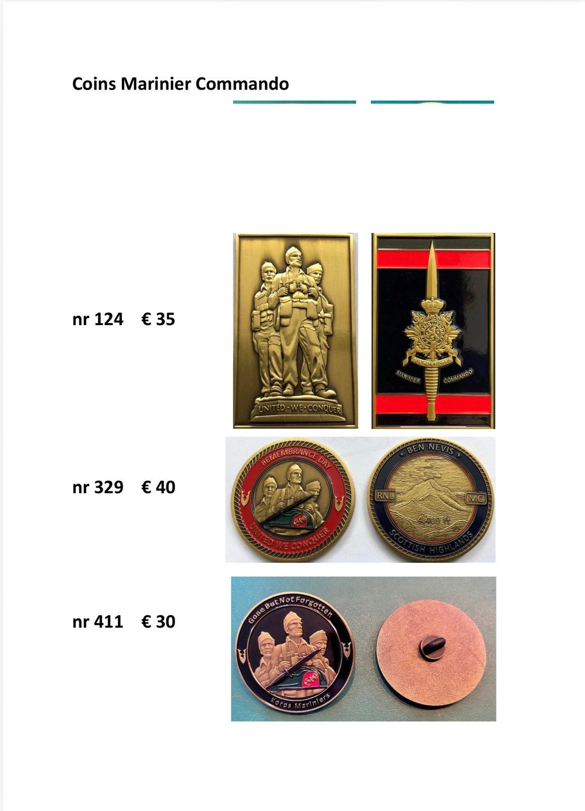 Coins Marinier Commando zie overzicht Coins KCT, Ophalen of Verzenden, Landmacht, Nederland, Embleem of Badge
