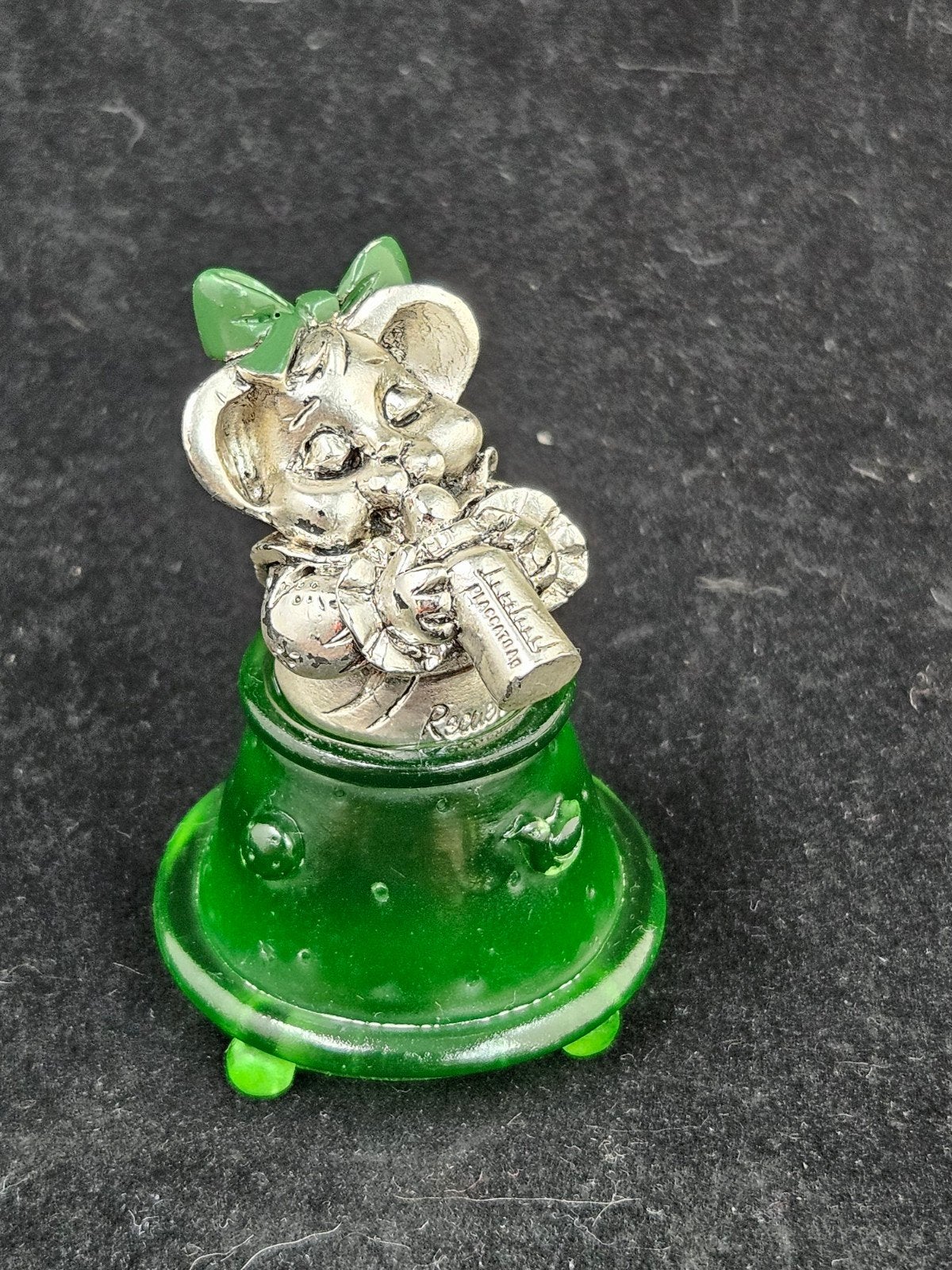 Vintage zilveren muis op groene glazen bel - Placcato Ag, Ophalen of Verzenden, Gebruikt