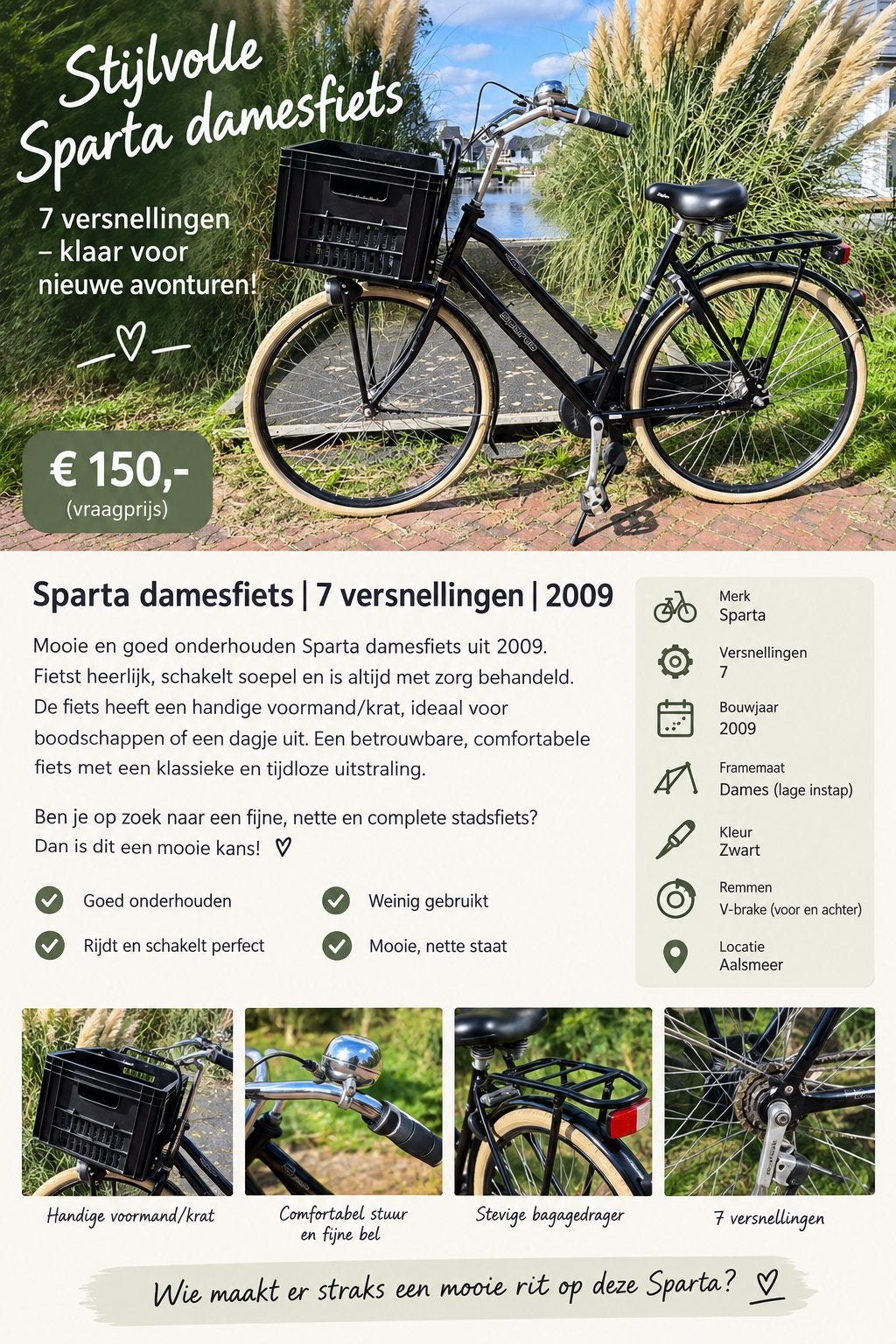 Sparta damesfiets zwart Pick up  | 7 versnellingen | 2009, Fietsen en Brommers, Ophalen, Sparta, Gebruikt, Velgrem
