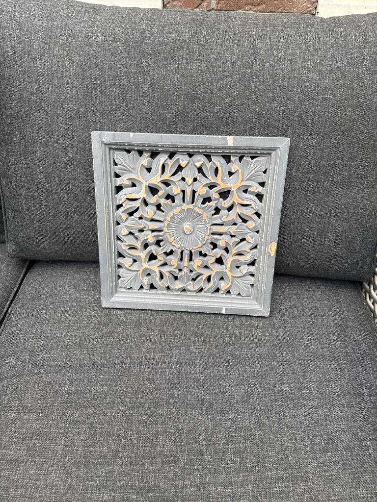 Decoratief houten wandpaneel - Grijs met bloemmotief, Gebruikt, Hout, Vintage, Ophalen of Verzenden
