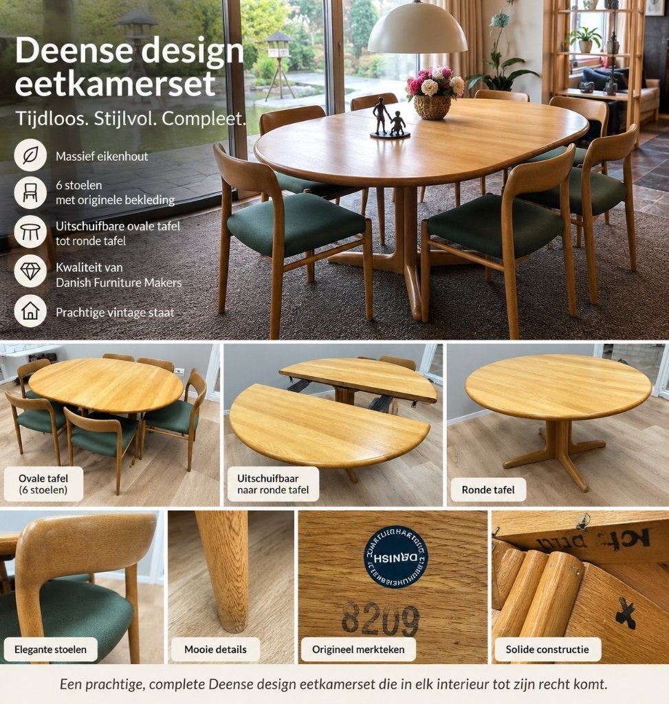 Niels O. Møller eettafel + 6 Model 75 stoelen – Origineel, Ophalen, Gebruikt, Deens vintage design, 6 tot 8 stoelen