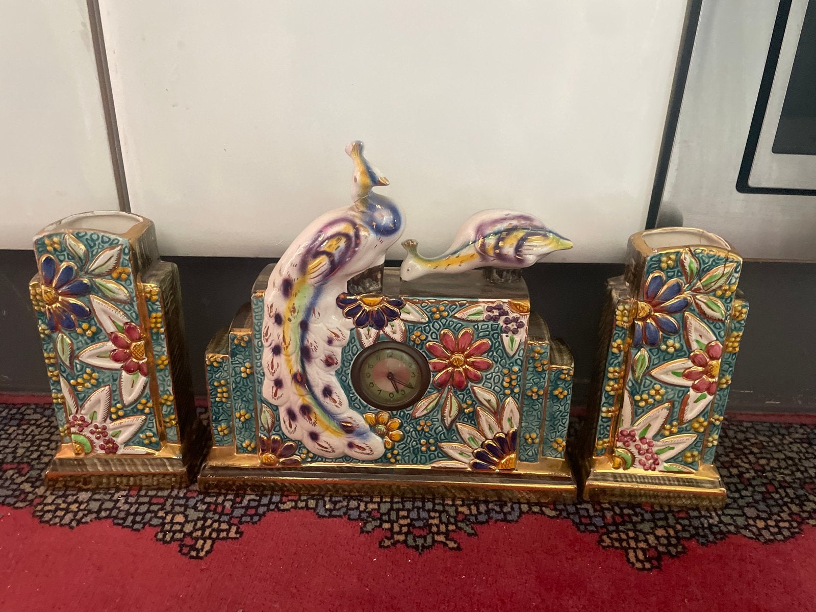 Antieke Art Deco Klok met Pauwen en Vazen - Made in Belgium, Ophalen of Verzenden