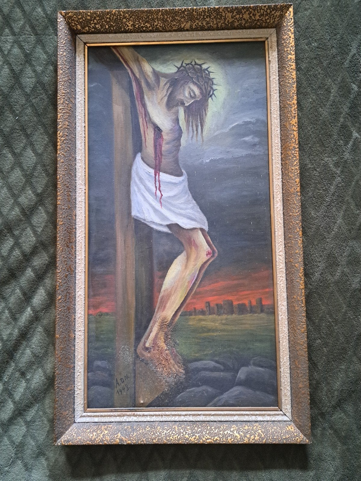 Klassiek schilderij: Christus aan het kruis, gesigneerd, Antiek en Kunst, Ophalen of Verzenden