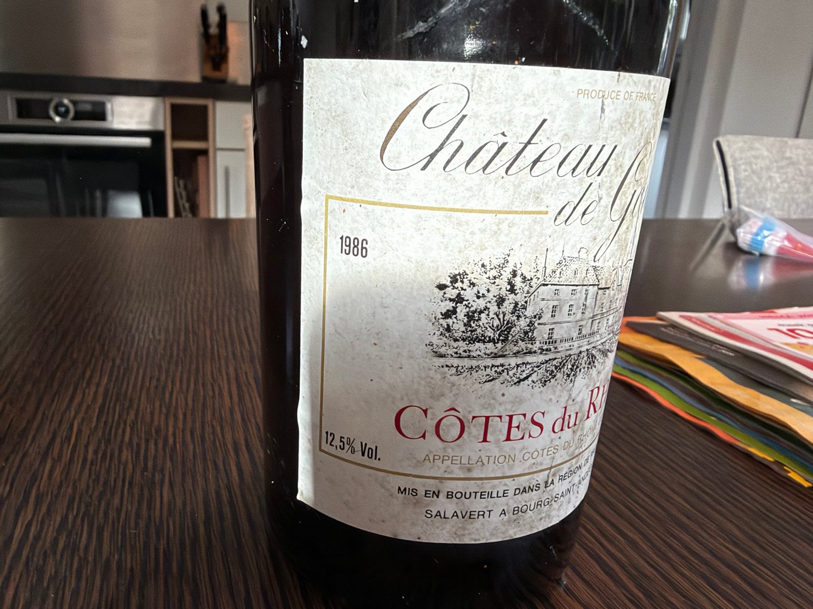 Château de Gourdon Côtes du Rhône 1986, Verzamelen, Ophalen of Verzenden, Gebruikt, Frankrijk, Rode wijn