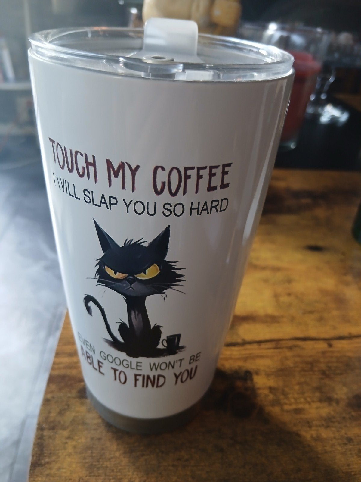 Grappige koffiebeker met kat - "Touch My Coffee", Ophalen of Verzenden, Zo goed als nieuw, Wit, Metaal