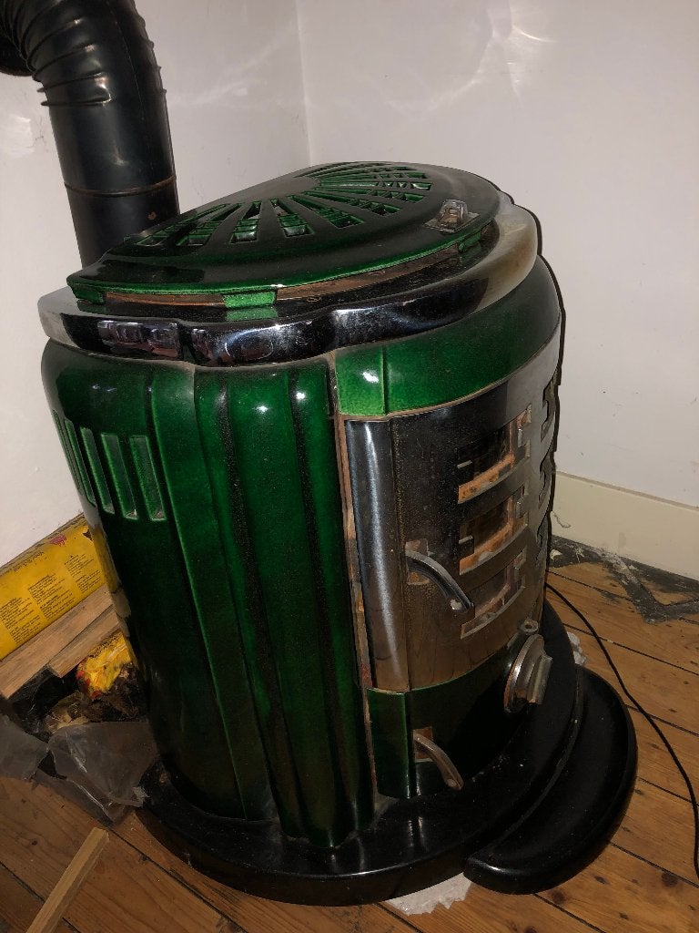antiek groen geëmailleerd kacheltje, Ophalen, Gebruikt