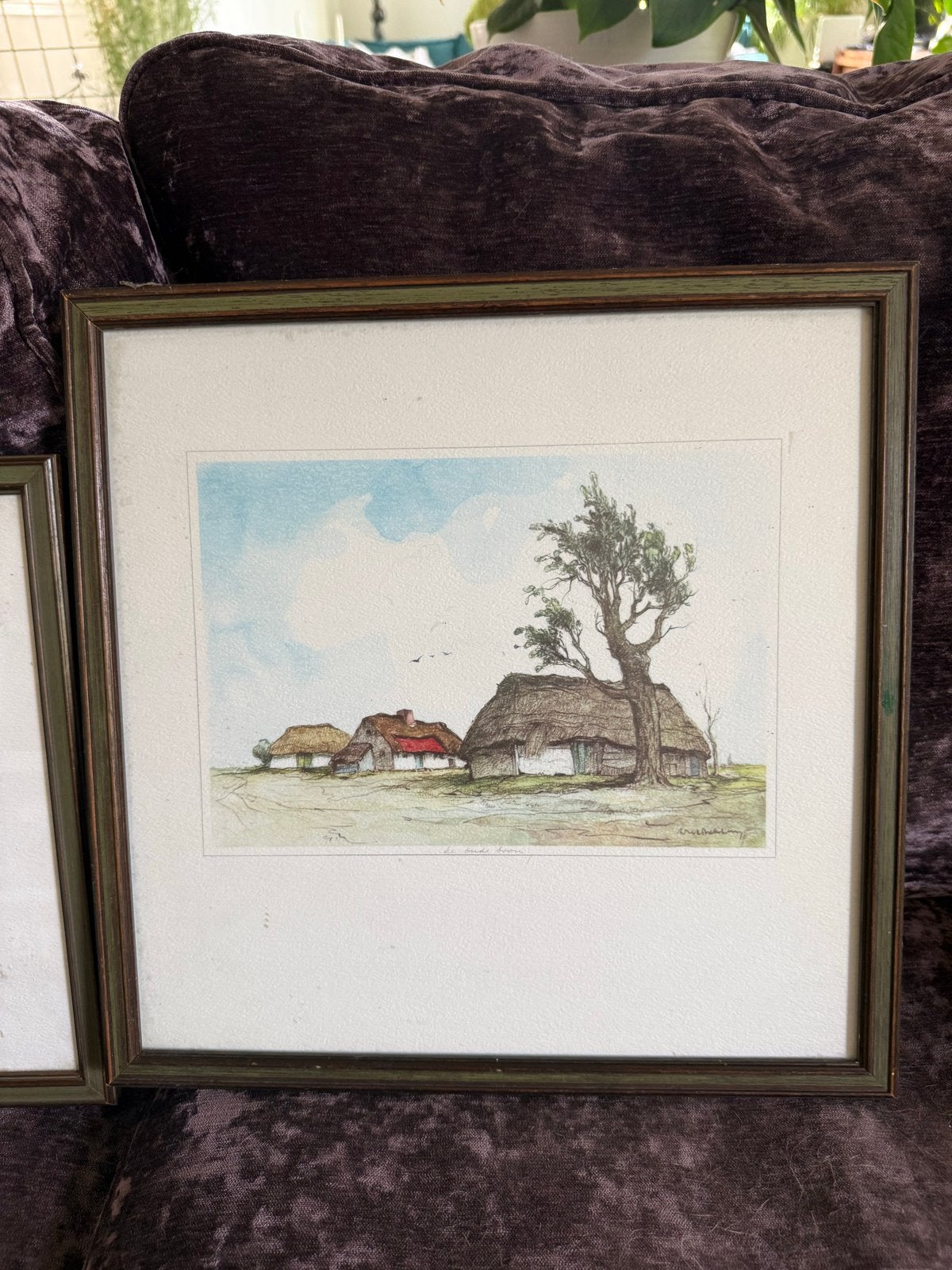 Dirk Baksteen - 2 ingelijste tekeningen van boerderijen, Ophalen of Verzenden, Tekening, Gemengde techniek, Gesigneerd