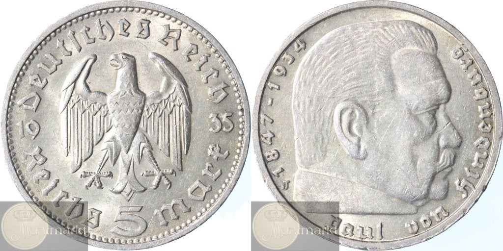 Duitsland - Derde Rijk 5 Reichsmark 1935 J 'WWII Hindenburg', Ophalen of Verzenden, Duitsland, Losse munt, Zilver