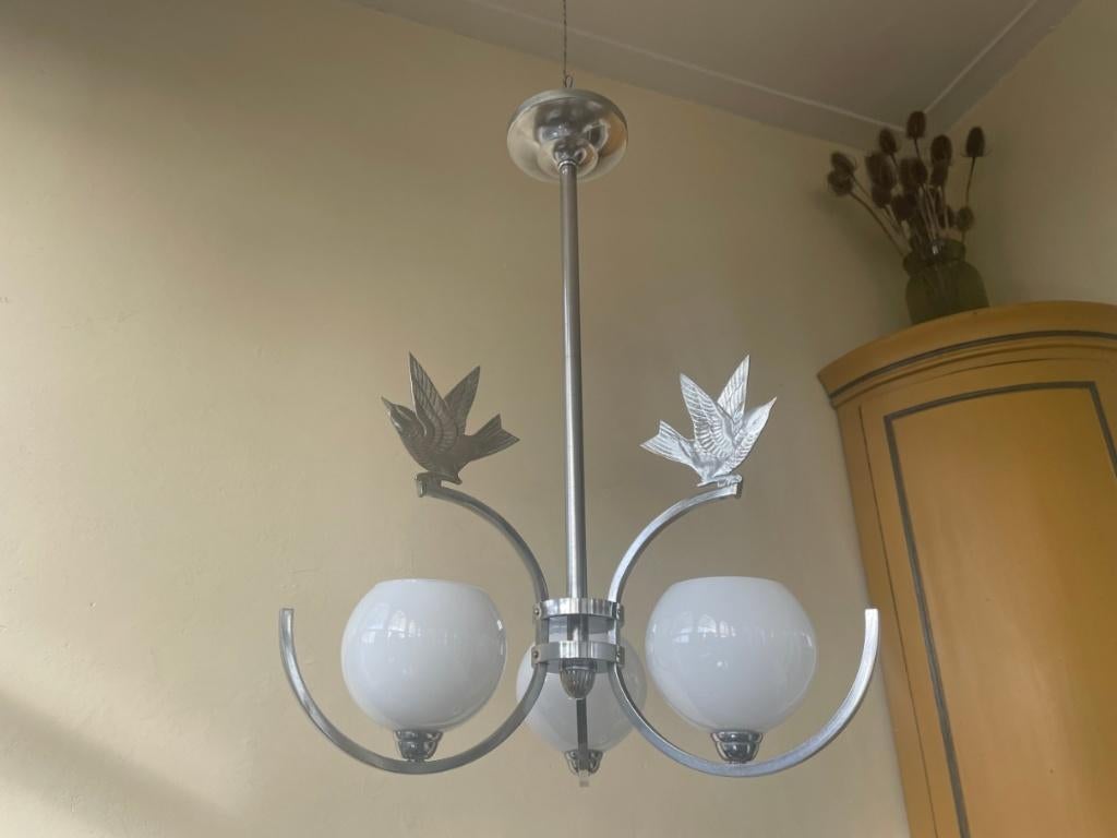 Lamp Hanglamp Chroom art deco 1930 met Mussen Vogels, Antiek en Kunst, Ophalen of Verzenden