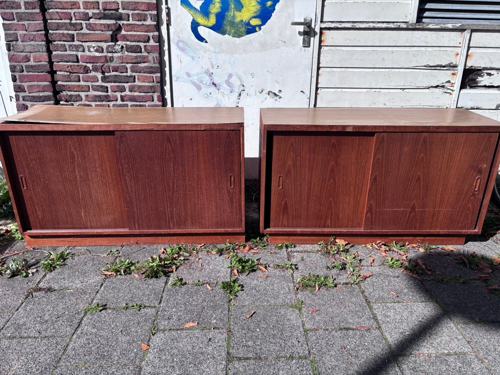 Vintage dressoirs jaren 60 teak schuifdeuren, Huis en Inrichting, Ophalen, Gebruikt, 100 tot 150 cm, Vintage