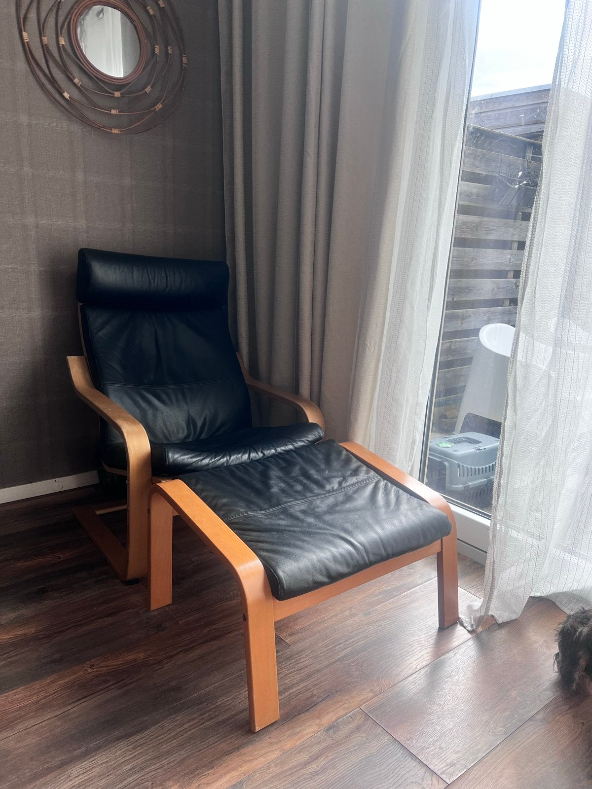 IKEA Leren Stoel met Poef - Zwart, Ophalen, Gebruikt, Zwart, Leer