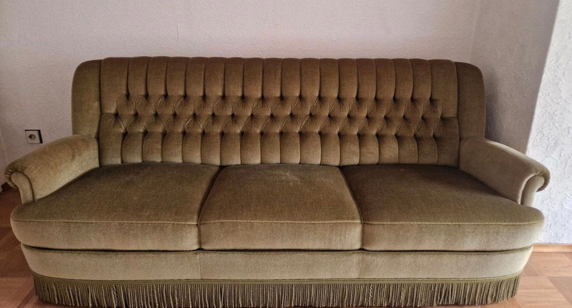Groene velours vintage bank sofa met granjes 3 zits barok, Ophalen