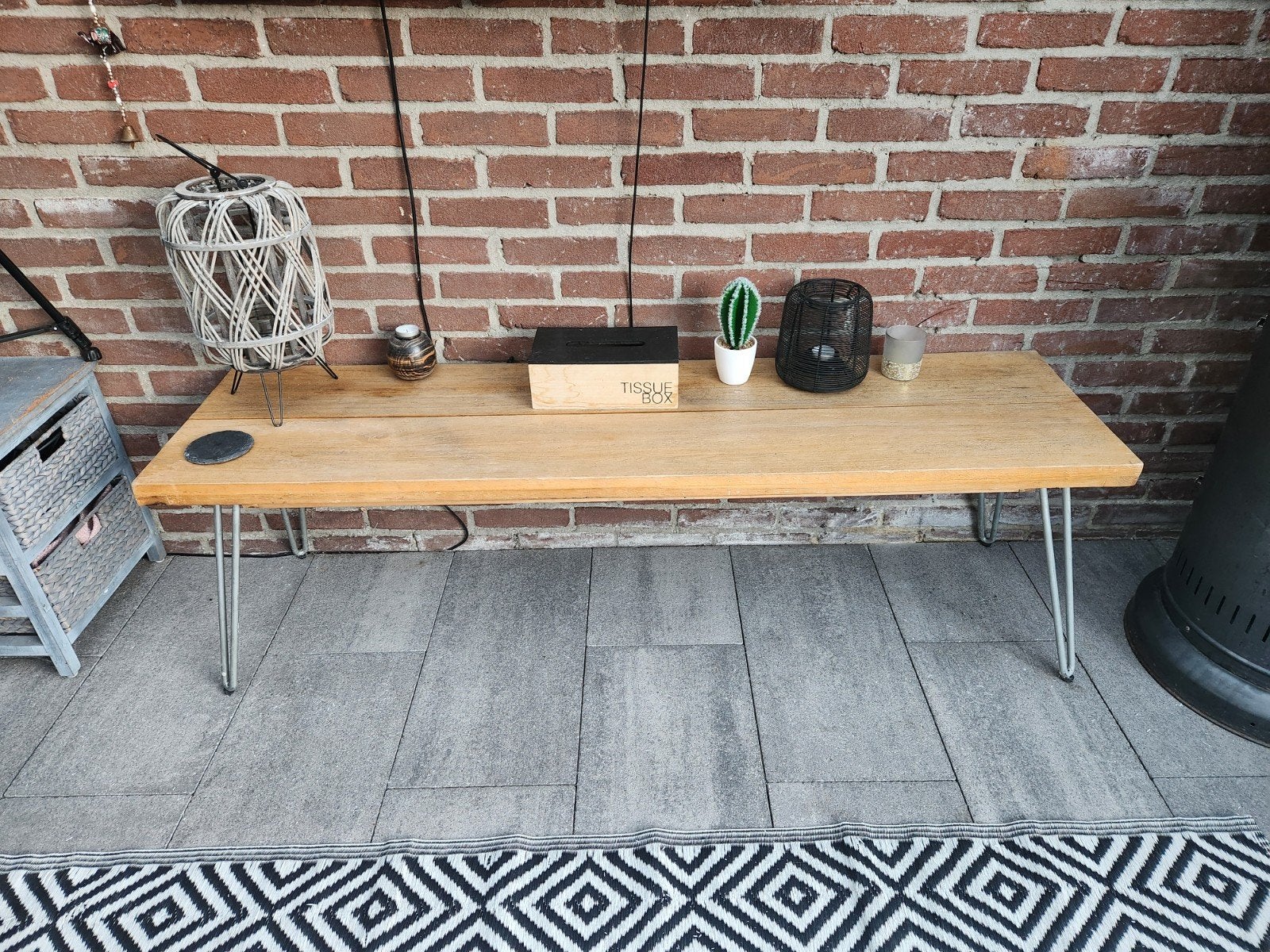Tafel hout met hairpin poten, Minder dan 50 cm, Gebruikt, 100 tot 150 cm, Industrieel, Modern